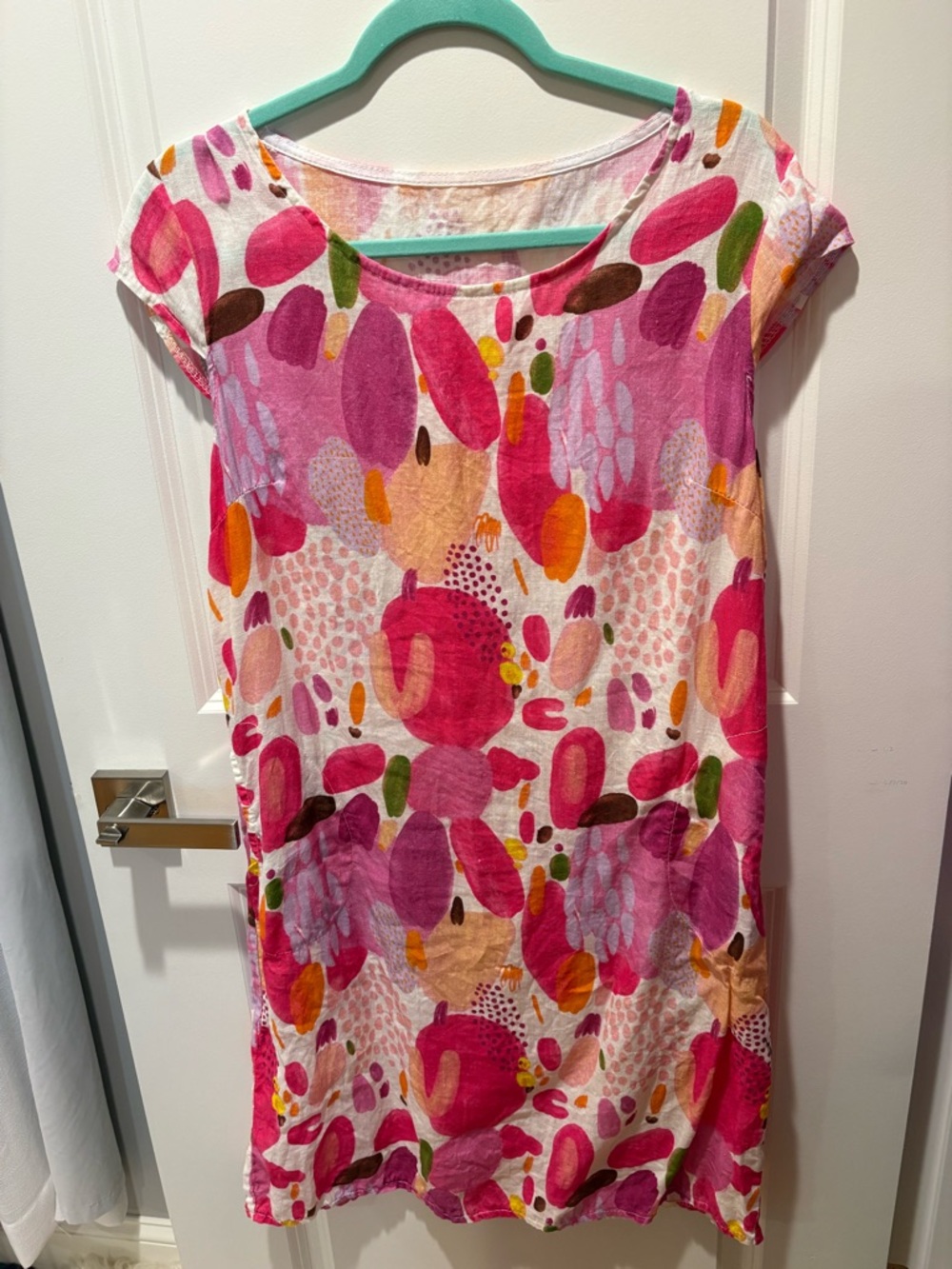 Made in Italy, 100% Linen Vibrant Pink Abstract Print Dress